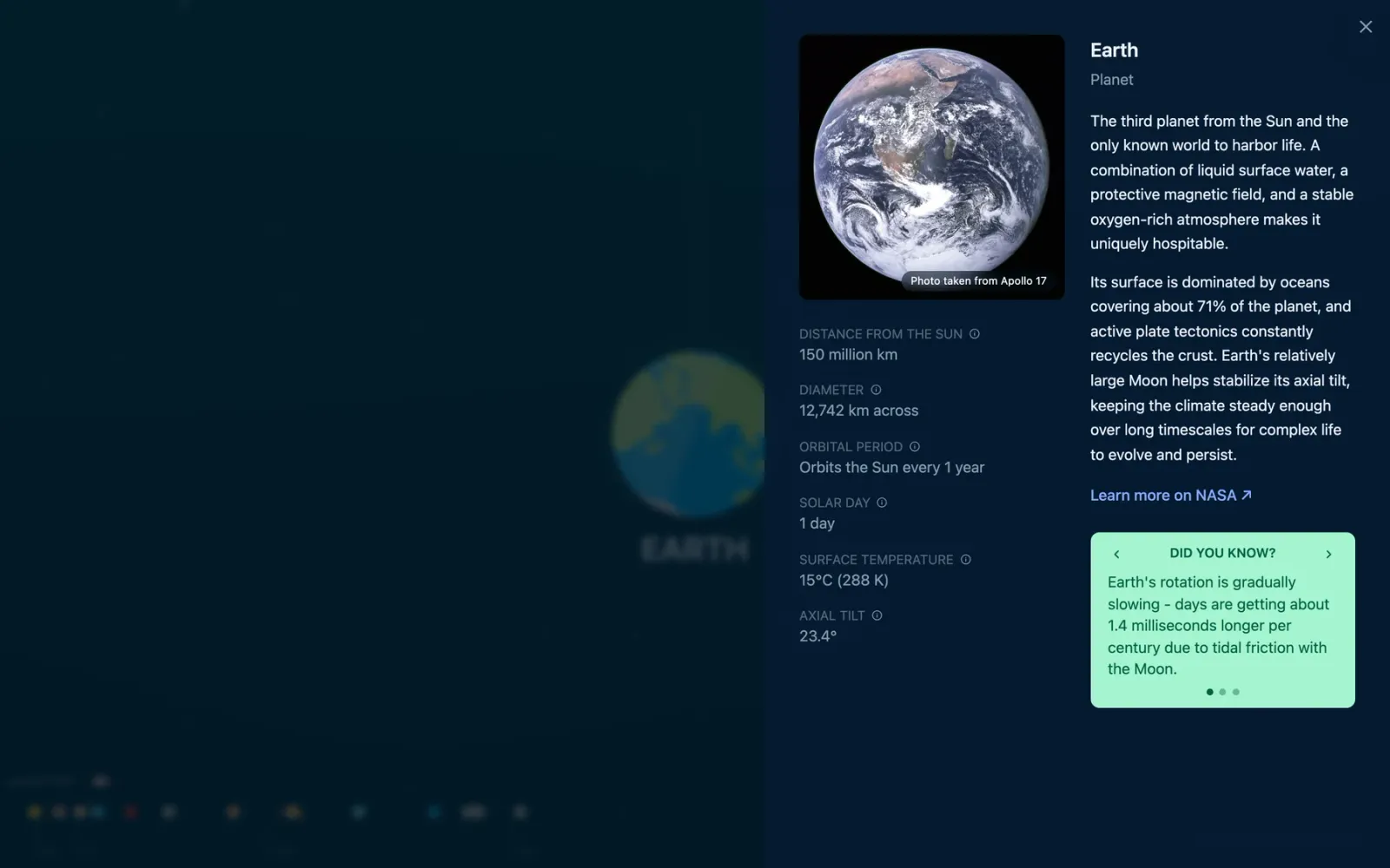 The card of Earth: a photo taken from Apollo 17, the distance from the Sun, diameter, orbital period, solar day, temperature and axial tilt, and a "Did you know?" fact