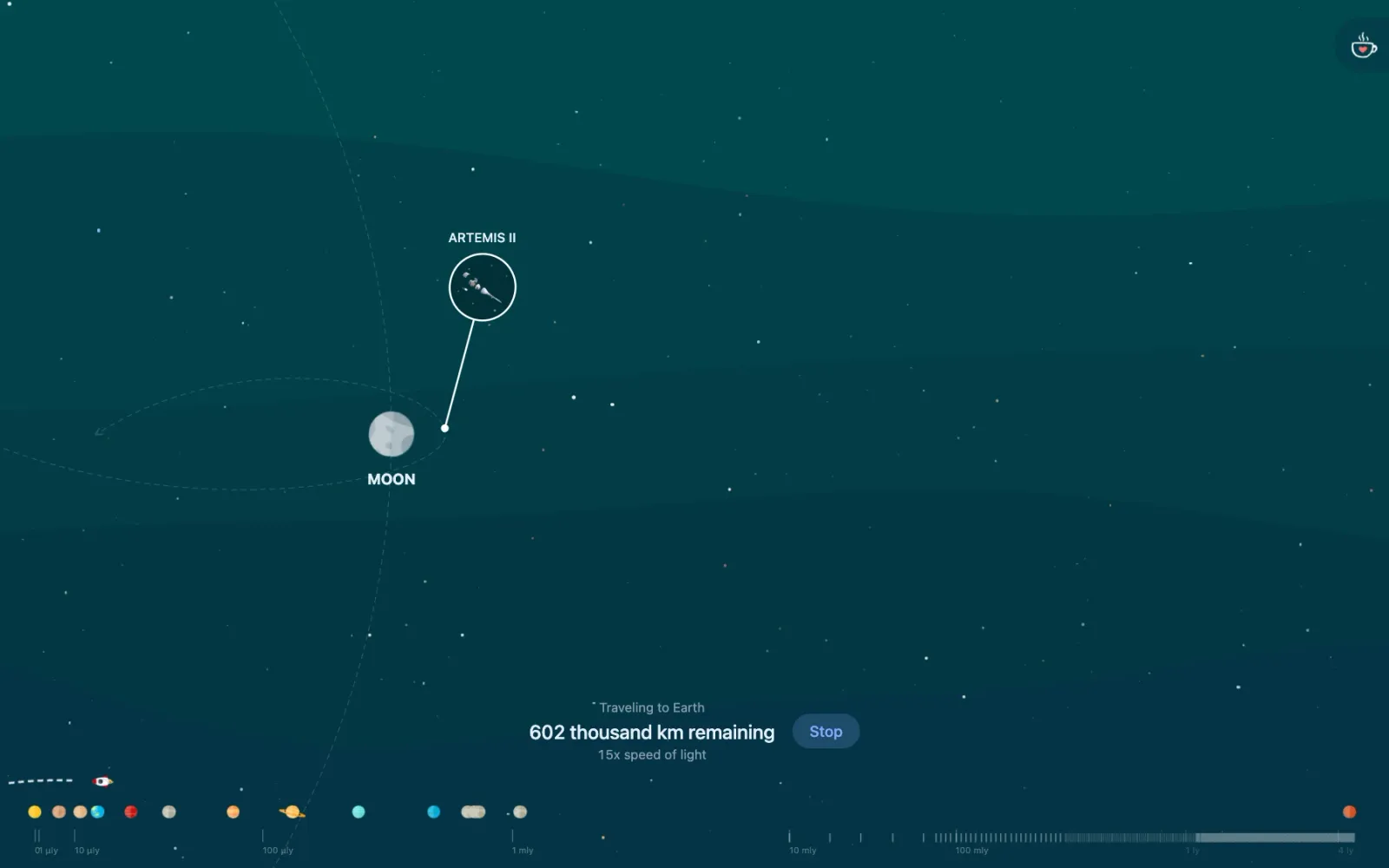 A flight past the Moon and the Artemis II spacecraft, with the text "Traveling to Earth, 602 thousand km remaining, 15x speed of light" and a Stop button