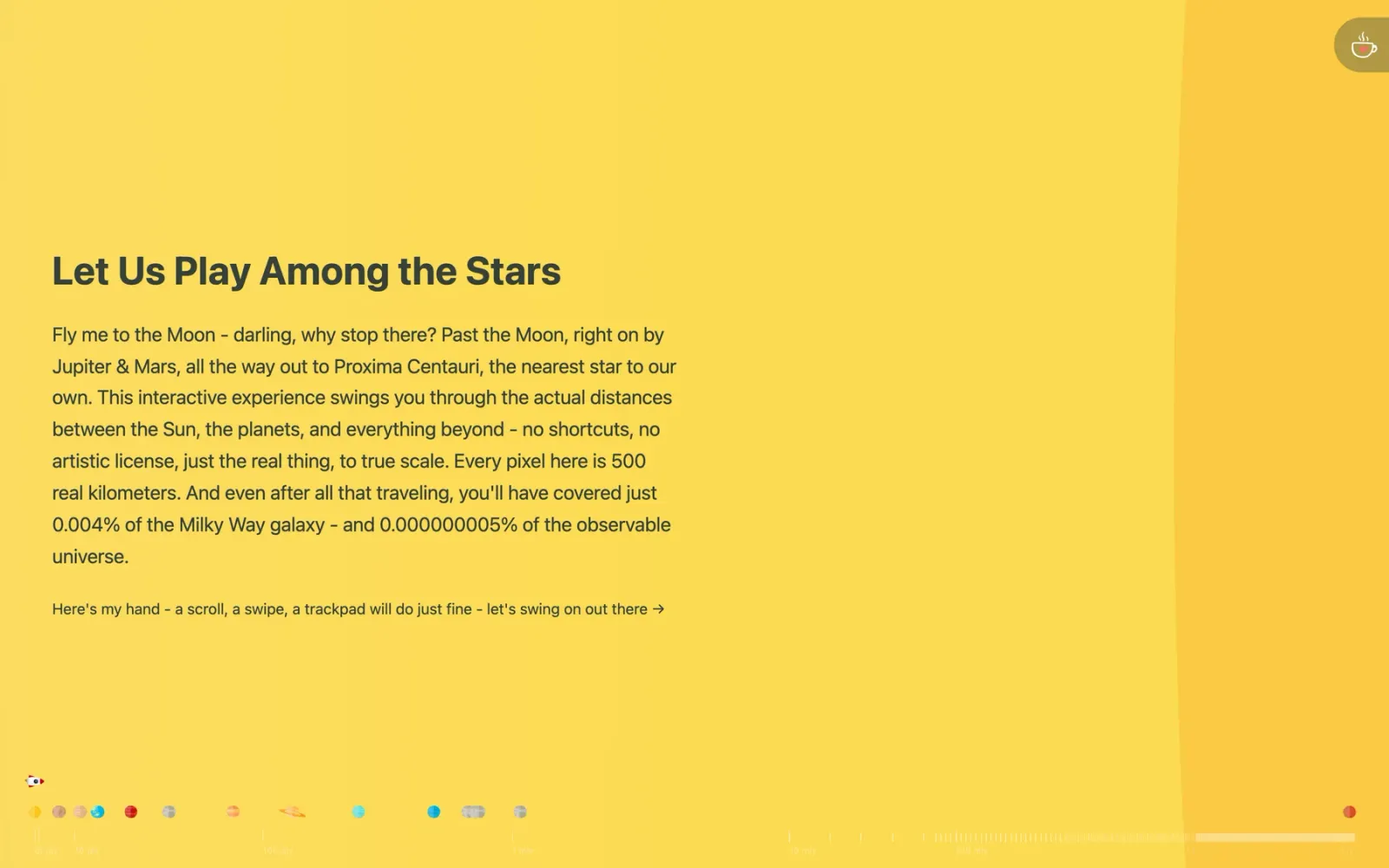 The start screen of Among the stars: a yellow background, the title "Let Us Play Among the Stars" and a row of planet dots at the bottom